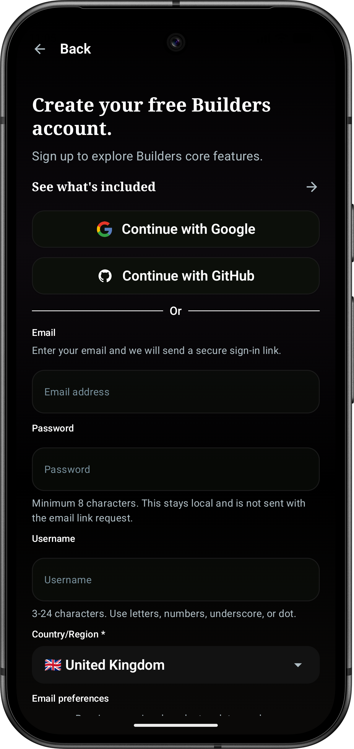 BuildersHub create account screen showing Google, GitHub, email, password, username, and country fields.