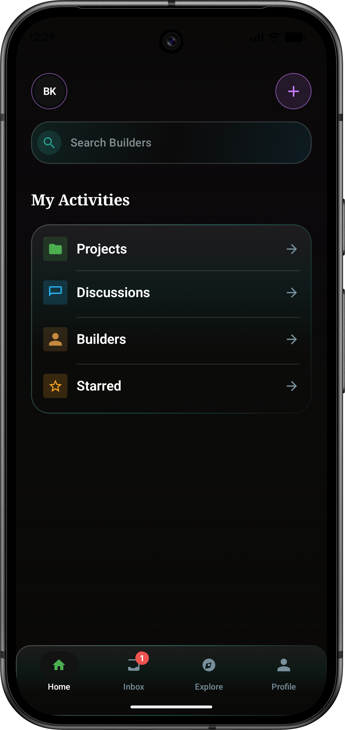 BuildersHub home screen showing search, projects, discussions, builders, starred items, and bottom navigation.