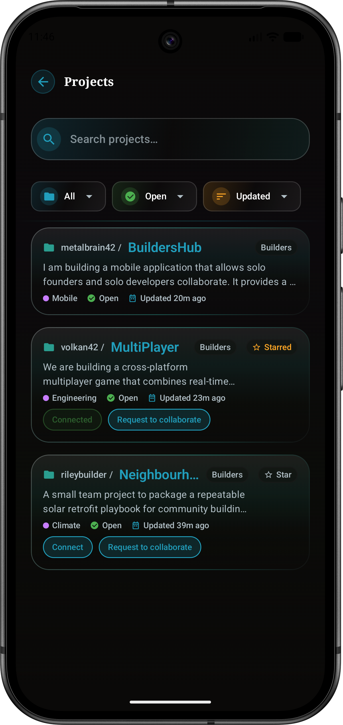 BuildersHub projects list showing searchable projects, filters, collaboration requests, and project cards.