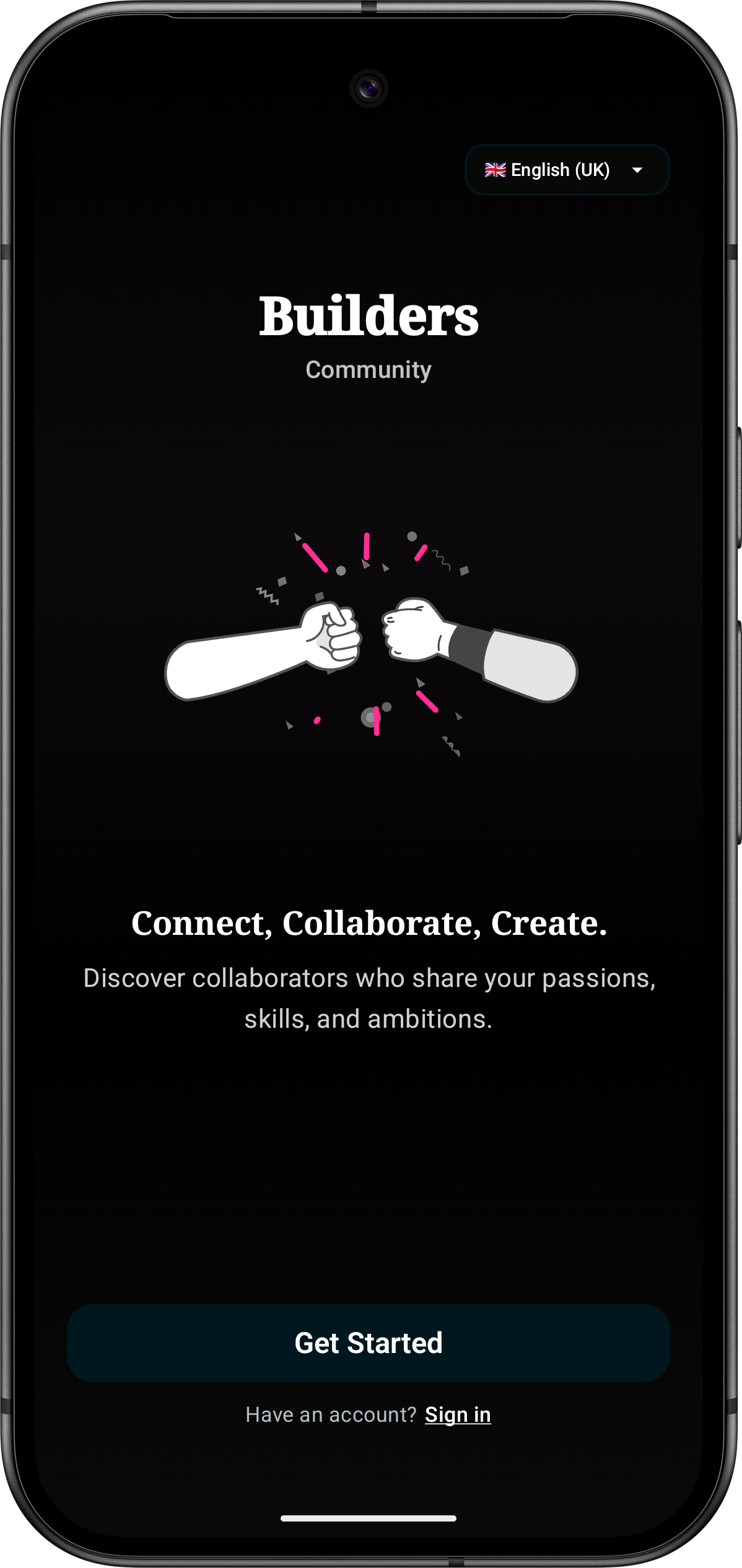 BuildersHub welcome screen with the headline Connect, Collaborate, Create and a Get Started action.