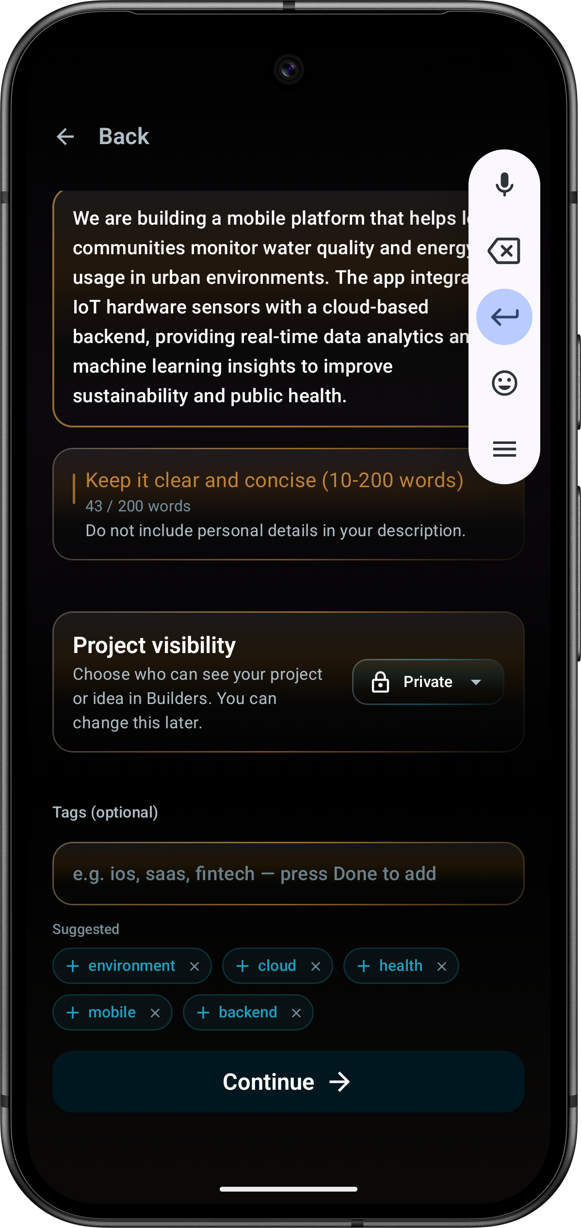 BuildersHub project setup screen showing description guidance, visibility settings, suggested tags, and a continue action.