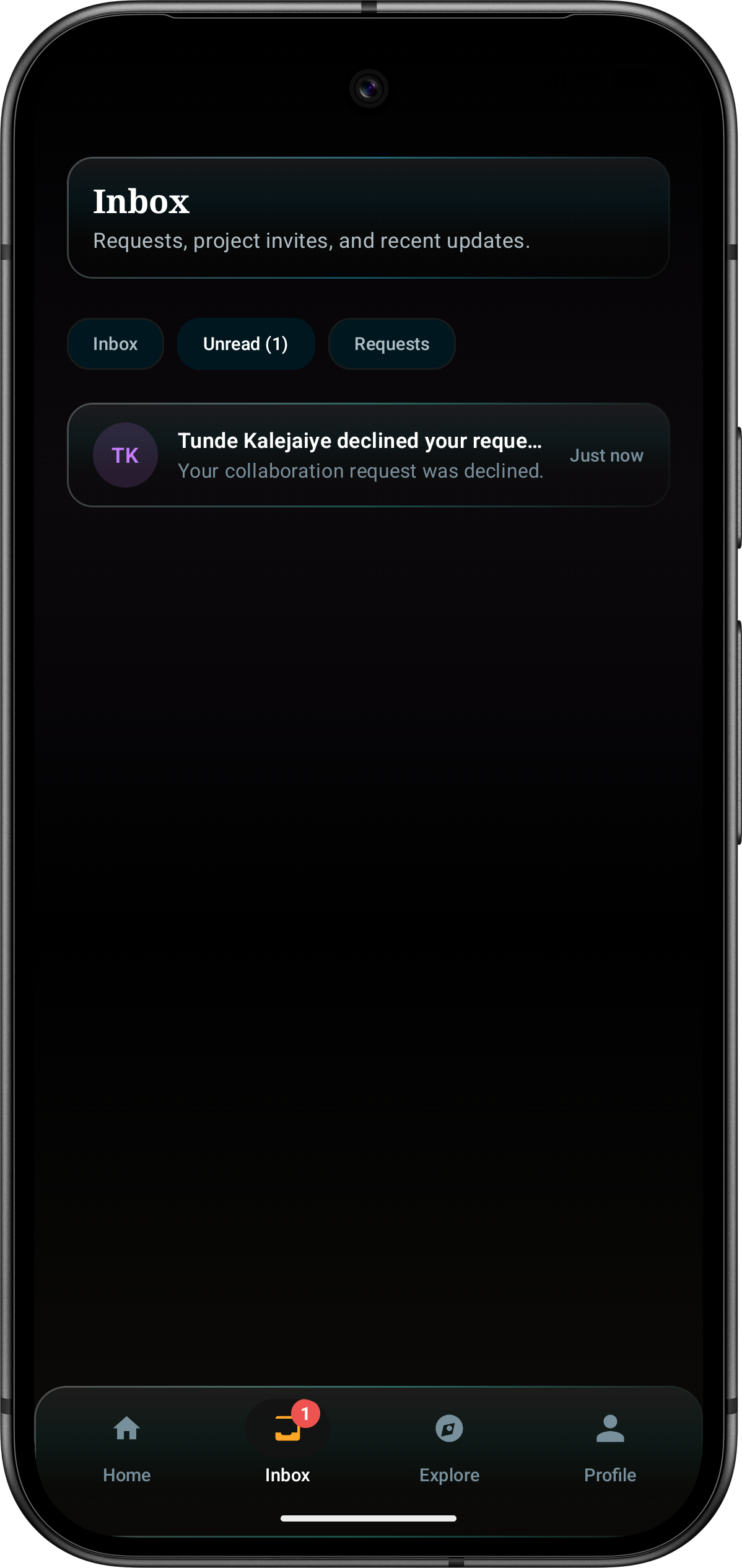 BuildersHub inbox screen showing requests, unread state, and a declined collaboration request.